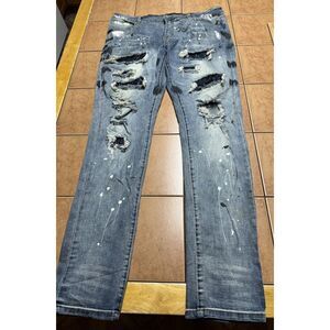 Amiri Jeans Mens 34 x 33‎ Blue Distressed Paint Splatter Five Pocket Denim